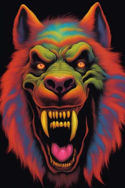 in the dead of night the bright moon shines down on a giant, extremely colorful werewolf facial portrait, acrylic on canvas, florescent black light poster, in the art style of Boris Vallejo,