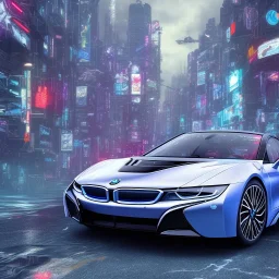 bmw i8 in a cyberpunk style city