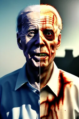 Ultra realistic image, joe biden zombie, zombie performance, skull, blood, torn arm, night, walking twisted, waist up view, thriller style, dark ambient, highly detailed, White House background, concept art, unreal engine 5, god rays, ray tracing, RTX, night lighting, ultra detail, volumetric lighting, 3d, finely drawn, high definition, high resolution.