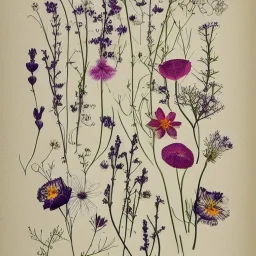 delicate arrangement of pressed flowers, beautiful composition, aesthetic layout, wildflowers, fine lineart, botanical illustration