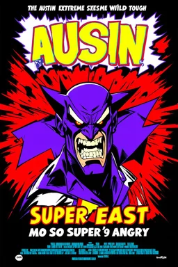 comic scary super hero mad crazy wild super head big title with movie poster title: Austin super beast, 90s style, angry fast, extreme, wild, so so so so angry, tough red and purple background with 90s comic style slashes