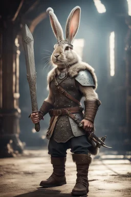 portrait of fast historic strong viking rabbit with horned viking helmet & boots holding ornate viking sword in fallout 4 setting, bokeh, downlight, prize winning, depth of field, in the style of ivo caprino