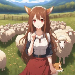 an arrogant, confident young woman with long brown hair, red eyes, pale skin, corgi ears and tail, anime style, sheep in a field for the background, intricately detailed, high definition, 4k, photorealistic