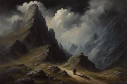 clouds, people, rocks, mountains, mistery, dark philosophic influence, gothic movies influence, fantasy, auguste oleffe and sidney starr painter impressionism paintings