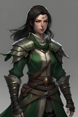 female half elf twilight cleric dark hair dark green armor