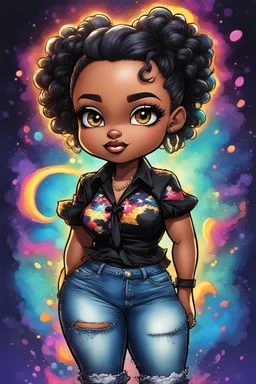 vibrant psychedelic comic book image, airbrush, 48k, cartoon art of a chibi curvy black female wearing torn jeans pants and a black tie dye off the shoulder blouse. Prominent make up with lush lashes. Highly detailed sleek wavy ponytail