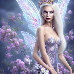 Fantasy fairy with transparent wings, smiling, make up, long platinum blond hair with crown and flowers, blue dress, flower background