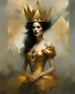 Digital Art of queen of diamonds embodying the essence of royalty in a , minimalist approach, influenced by Luis Miranda, Jeremy Mann, Jeffrey Catherine Jones, blends conceptual art with elements of painting and illustration, somber tones, fragmented souls, shadow play, diffuse textures, abstract forms, digital painting, high conceptuality, palette inspired by Jeffrey Catherine Jones, golden ratio composition, fine detail, cinematic lighting.