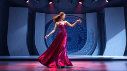 modern stage with gray-blue theme artistic decoration , color full dynamic lighting, a beautiful lady in modern maxy dark purple red dress with shining silver jwells dancing, 3D recursive fractal structure animating background