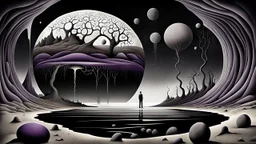 inner world , surreal dream, one alone human figure sitting on giant dark ball , weird whimsical landscape, alien forest, and Sahara water and rocks,, around surreal cracked painted weird land with some black doors. dark purple, gray, black, white, brown. Whimsical style of Chagall , of Minjae Lee and Anton Semenov, lonely with absurd beauty. broken, weird bizarr,e absurd nightmare, neuron network background, surreal vibe