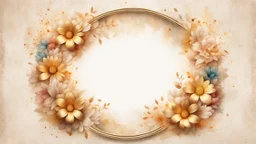 Hyper Realistic Beige small-multicolor-Floral-Circular-Frame With Glowing Golden Embers On Off-White Grunge Background.