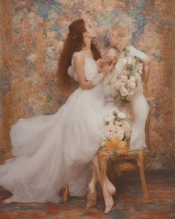 Masterpiece, fine art, award winning, "the Kiss in a chair by Gustav Klimt", RAW photo, eye candy in the style of (petra collins::Robin Eley:1.5), (Suhaila Ben Lachhab::Heidi Moussa:1.5) in breathtaking cinematic shot (full body shot, from below angle) that emphasizes the stunning cheek bones, texturized black hair,(big detailed eyes:1.5) (cottagecore aesthetic:5) with extreme sensuality, Irresistible with (porcelain skin:4.8), sitting on an old chair, retro vintage style