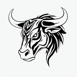 Vector tribal Asian style drawing of a sideways view of a Bulls face , white and black colors, simple lines without background, tribal style