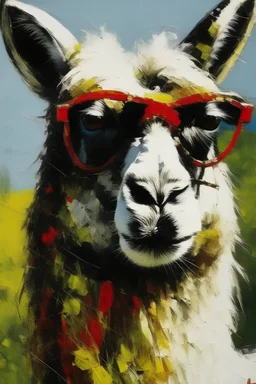 portrait of a llama in sunglasses by jackson pollock