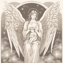 The image of a mother with angel wings watching and watching over her son from heaven