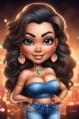 create an airbrush illustration of a chibi cartoon curvy polynesian female wearing Tight blue jeans and a peach off the shoulder blouse. Prominent make up with long lashes and hazel eyes. She is wearing brown feather earrings. Highly detailed long black shiny wavy hair that's flowing to the side. Background of a night club.