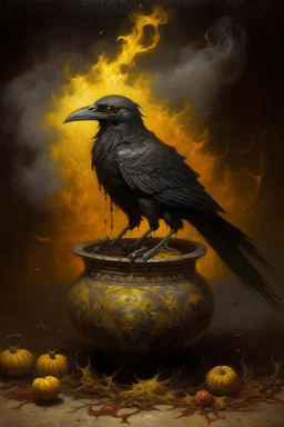 Living cauldron with yellow sigil, slightly demonic golem crow bat in it, prize winning oil painting