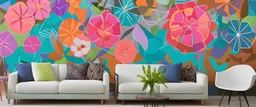 Generate a handpainted mural featuring large geometric flowers in a variety of shapes and vibrant colors, providing a modern and stylized interpretation of a garden.