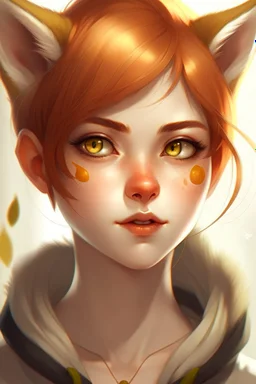 A female with short red hair, gold eyes, large fox ears, slight smile, pale skin, freckles