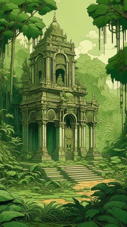 An olive green jungle with a ruined temple in Art Nouveau art style