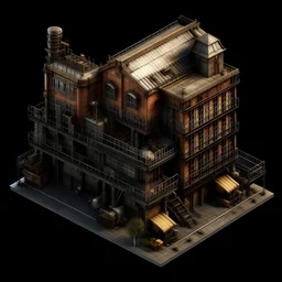A high resolution very realistic, izometric image of "Warehouse". in the style of the game Factorio with no background with a 10 pixel transparent margin. The style is steampunk, factory, pollution, trending on ArtStation, 4K, hyper-realistic, focused, extreme details, Unreal Engine 5, cinematic
