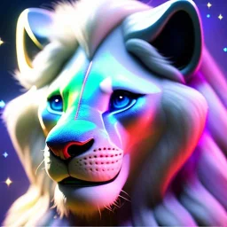 pixar style, fairy garden environment and background, realistic painting of white lion, sparkling blue crystal on forehead, looking excited, volumetric lighting, dramatic lighting, detailed digital painting, extreme dense and fine fur, ornate, colour-washed colors, elegant, small minutiae, tiny features, particulars, centered, smooth, sharp focus, renderman gofur render, 8k, uhd, detailed eyes, realistic shaded volumetric lighting, sunlight caustics, backlight, centered camera