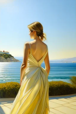 Neoclassicism woman standing in the sun on the beatch from the back realistic cote d'azur painting