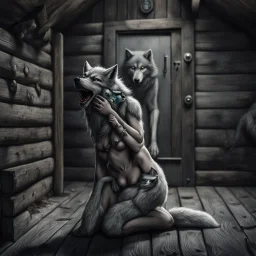 in the middle of a wooden hut an pale gray body hair pregnant anthropomorphic wolf woman creature kneeling, crying and covering eyes with her pawes, in background in the door stands dark gray body hair anthropomorphic wolfman and looking the female wolf. high contrast, high detalied, high realistic, sharp focus. The atmosphere is a seamless blend of sci-fi, dark fantasy