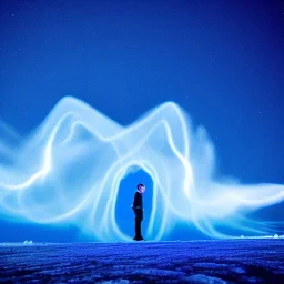 Icy Bright blue light painting at night of Electron Storm in the shape of vertigo kissing in the sky