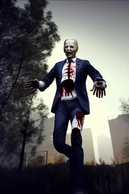 realistic image, joe biden zombie, zombie posing, arm cut and bleeding, amputated leg, night, walking with a limp, waist up view, dark ambient, highly detailed, sky background, concept art, unreal engine 5, god rays, ray tracing, RTX, lumen lighting, ultra detail, volumetric lighting, 3d, finely drawn, high definition, high resolution.