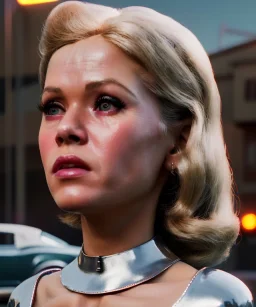 Ultra Realistic retro sci-fi movie Supermarket parking scene, 1960 year, waist up view portrait, 2 clones blonde women, sweet teenager Jane Fonda face, perfect iris, glow eyes, face makeup, tight latex coat, a lot of people, Retro sci-fi style, soft color, highly detailed, unreal engine 5, ray tracing, RTX, lumen lighting, ultra detail, volumetric lighting, 3d, finely drawn, high definition, high resolution.