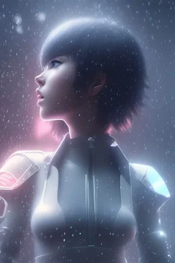 Beautiful Motoko Kusanagi, raining, nostalgic, cold, dark blue, gloomy, heavy fog, 8k photorealistic, cinematic lighting, high details, dramatic, atmosphereric