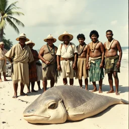 1930's photography of European explorers dressed in kakhi's and safari hats posing with Islander Samoan natives on a beach, giant eely sea creature washed up on beach in front of them