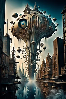 a stunningly weird image of a futuristic metropolis using Salvador Dali's paranoiac-critical method, where buildings and structures appear to melt into the skyline cityscape is filled with floating medusas and mad, twisted metal shapes that interact with the buildings and each other, forming a surreal tableau of a dreamlike reality. neu-steampunk vibe, essence of the scene in a cinematic manner, with dramatic shadows that enhance the distorted perspectives and bizarre mood