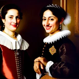 portrait of Eira Santiago Arnau and Dalia Santiago Arnau by Velazquez,smiling, oil on canvas, cinematic composition, extreme detail,8k,fit full head inside picture,