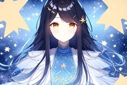 A beautifully detailed artwork of one women with a dreamy demeanour, featuring long black hair with stars as hair clips, sparkly golden eyes, The women is wearing a detailed dress of delicate fabric and soft colours, adorned with patterns and accessories. close-up. light blue, white, starry night sky
