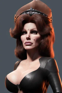 Raquel Welch as evil queen in black leather, leather, busty, cleavage, angry, stern look. character design by cory loftis, fenghua zhong, ryohei hase, ismail inceoglu and ruan jia. unreal engine 5, artistic lighting, highly detailed, photorealistic, fantasy