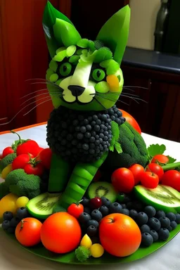 un chat fabriqué uniquement avec des morceaux de légumes et de fruits.