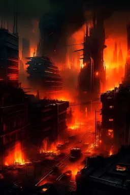 cyberpunk city in flames