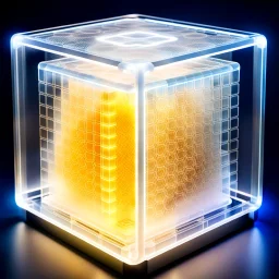 a futuristic translucent neurocube, inside the cube there are partitions made of honeycomb plates