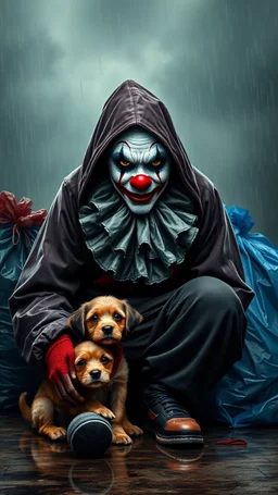 A sad hooded homeless clown with ugly clown make up sitting with his small dog , beside him with trash bags , in the background a, dark cloudy rainy weather