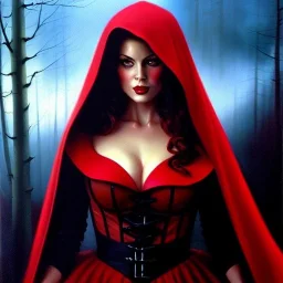 portrait of beautiful busty Red Riding Hood painting by Brom, oil on canvas, cinematic composition, extreme detail,fit full head inside picture