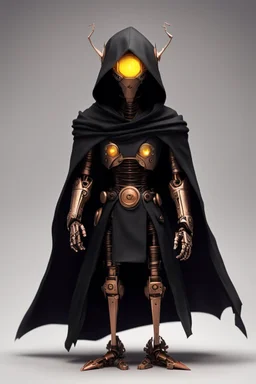 slim copper robot, dungeons and dragons, yellow eyes, wearing black cloak