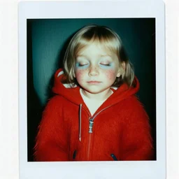 Lily rosedepp enfant,avec un long pull a capuche en angora rouge jusquaux, polaroid, elle a les yeux fermés et les joues bleues, , des grains de beauté, 1880