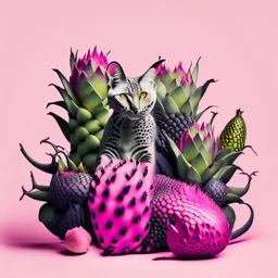 A cat surrounded by dragon fruits on a light background for removal