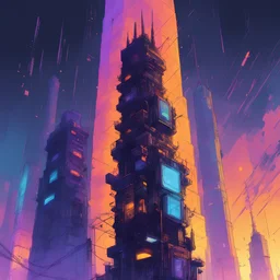 The tall tower with network cyberpunk comics style, with orange, purple, blue, yellow