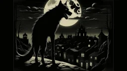 "Vintage Hollywood Horror Elegance: Design a classic film poster in captivating film noir style, featuring a menacing werewolf bathed in moonlight. The eerie glow illuminates a Gothic cityscape backdrop. Deliver a chilling sense of terror and suspense with chilling details, enhancing the old-world mystique of both beast and setting."