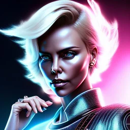 Charlize Theron, Cyborg anime samurai, cyberpunk, white skin, light blonde short hair, pixie hair, cobalt eyes, waist up portrait, 8k resolution, retroanime, intricate details, neon details, soft lighting, vibrant colors, masterpiece, intricate eyeliner, dark eyeshadow, eyes, intricate tattoos, gradient background