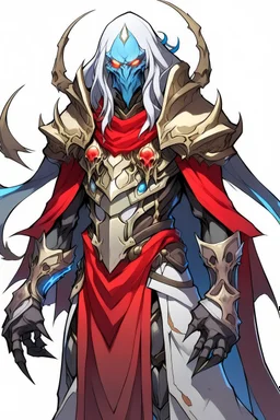 Anime alien villain character with rouge skin, huge , antagonist smart,too much modern armour and wearing a robe cover half of his head , aged thousand years and can Summons legendary monsters