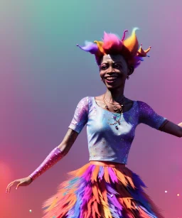 Ultra Realistic photo, medium shot view, drunken sweet dancer old woman, carnival scene, monster hair, steampunk style. Red hair, confeti, smile, happy, festival, ovnis, gradient color fog. highly detailed, concept art, unreal engine 5, ray tracing, RTX, lumen lighting, ultra detail, volumetric lighting, 3d, finely drawn, high definition, high resolution.